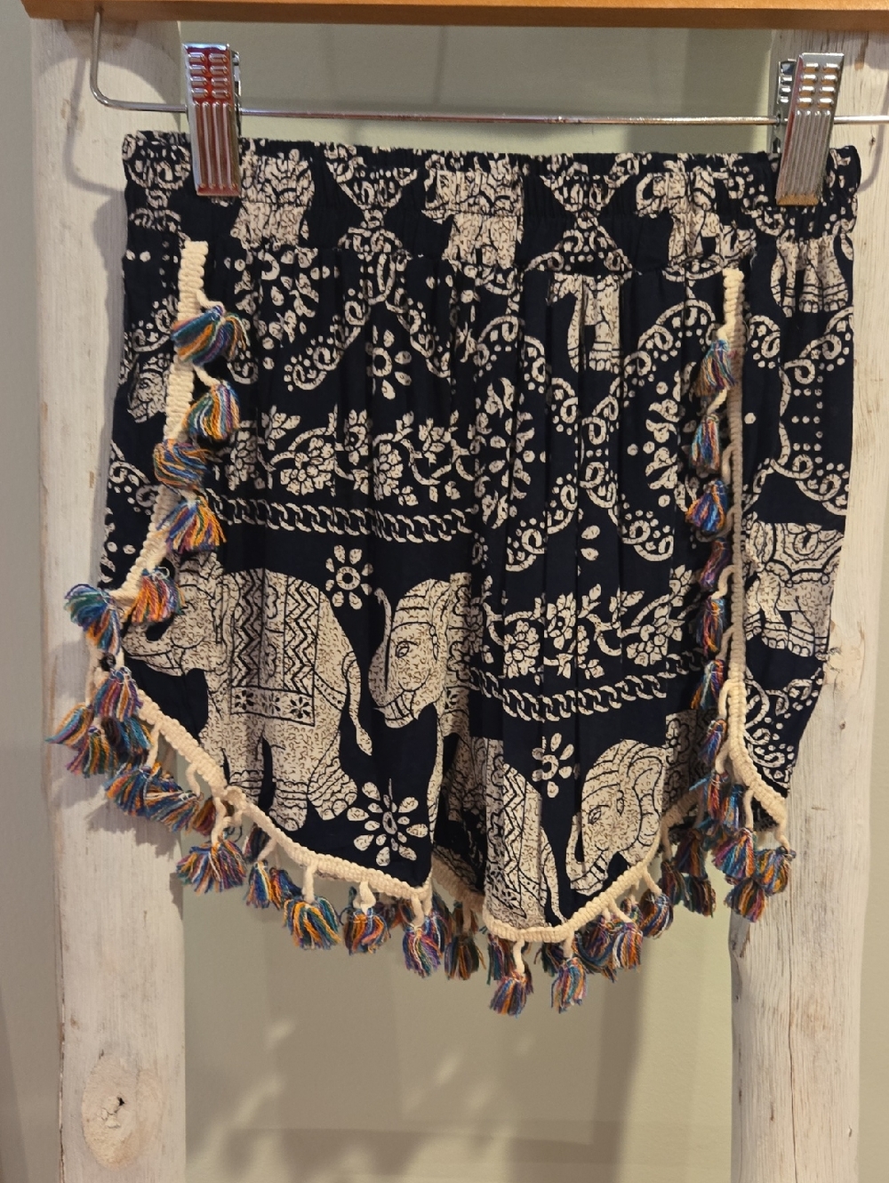 Women's Navy Elephant Print Tassel Athletic Shorts Small